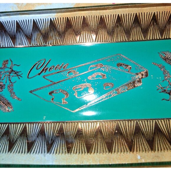 Mcm 1960s Teal Gold Glass Cheese Tray Rectangular 9x7 Inches Mid Century Style H - Picture 3 of 6